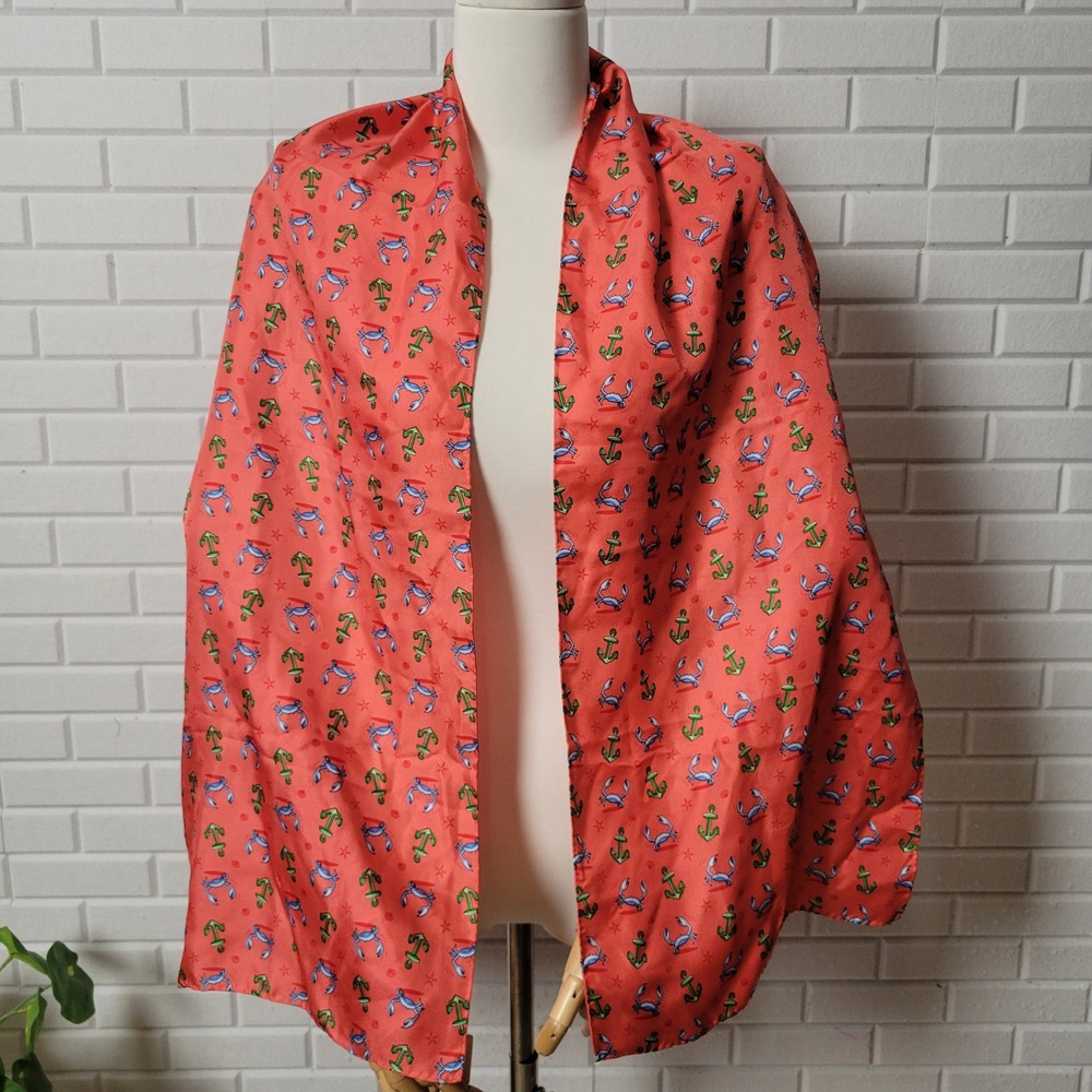 Vintage 90s Silk Twill Nautical Scarf Coral Pink Crab Anchor Novelty Print - Picture 4 of 8